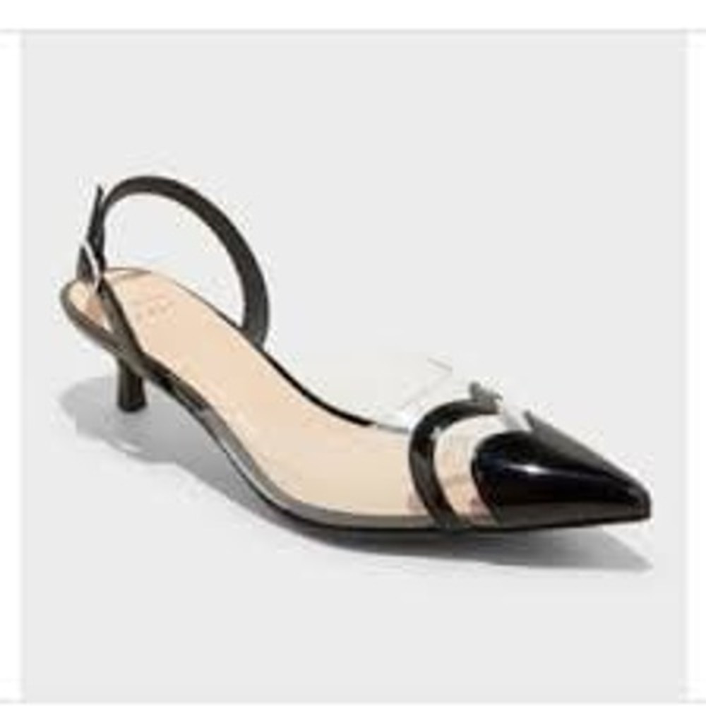 NEW A New Day Black & Clear Eleanor Heart Slingback Kitten Heels, Size 7